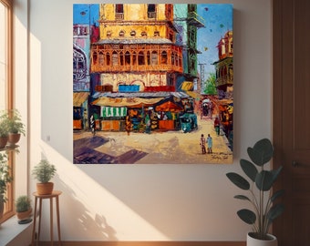 Old City Indian Art Original Painting| Large Canvas Art Oil Painting Impasto Painting Pakistani Art Textured Art for Home Decor