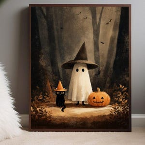 Cute Ghost and Black Cat in Dark Forest Print -printable Vintage ...