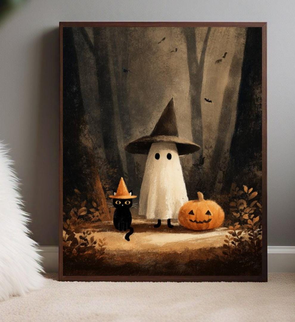Cute Ghost and Black Cat in Dark Forest Print -printable Vintage ...