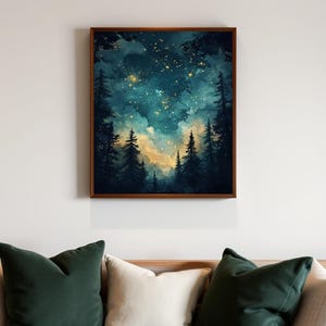May include: A framed watercolor painting of a dark forest with a starry night sky. The trees are silhouetted against the sky, which is a deep blue with white clouds and yellow stars.