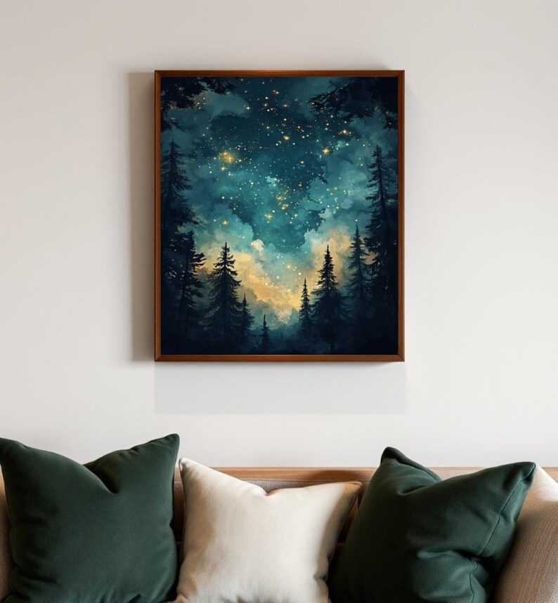May include: A framed watercolor painting of a dark forest with a starry night sky. The trees are silhouetted against the sky, which is a deep blue with white clouds and yellow stars.