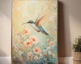 Floral Kolibri Print -Kolibri Wandkunst -Vintage Vogel Print -Frühling druckbare Kunst Malerei -digitaler Download