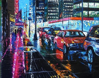 New York City Wall Art Original Oil Painting on Canvas Midnight Rain Art Work for Home Decor
