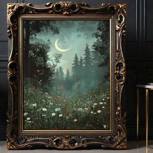 Dark Moody Flower Field Art Print, Dark Academia Art, Dark Cottagecore Oil Painting Print, Wildflower Art Print, Digital Download