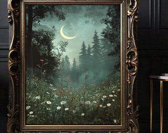 Dark Moody Flower Field Art Print, Dark Academia Art, Dark Cottagecore Oil Painting Print, Wildflower Art Print, Digital Download