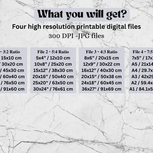 Puede incluir: Cuatro archivos digitales imprimibles para un dise&ntilde;o imprimible. Los archivos est&aacute;n en formato JPG y tienen una resoluci&oacute;n de 300 DPI. Los tama&ntilde;os de los archivos se indican en pulgadas y cent&iacute;metros. Los tama&ntilde;os incluyen 6x4 pulgadas, 12x8 pulgadas, 18x12 pulgadas, 24x16 pulgadas, 30x20 pulgadas y 36x24 pulgadas.