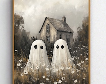 Ghosts Art Print Halloween Art Print Halloween Decor Cute Ghosts in Field Spooky Vintage Poster Printable Wall Art Digital Download JPG