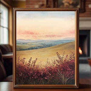 Moody Landscape Print | Vintage PRINTABLE Wall Art | Maroon Wildflower Painting | Moody Red Pastoral Scenery Decor