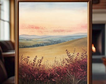 Moody Landscape Print | Vintage PRINTABLE Wall Art | Maroon Wildflower Painting | Moody Red Pastoral Scenery Decor