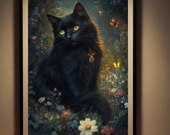 Floral Cat Print Flower Cat Poster Dark Academia Print Printable Gothic Art Dark Cottagecore Decor Vintage Moody Print Digital Download