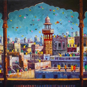 Dipinto originale antico di Lahore/Dipinto su tela Grande dipinto a olio Arte pakistana Arte murale strutturata per l&#39;arredamento della casa