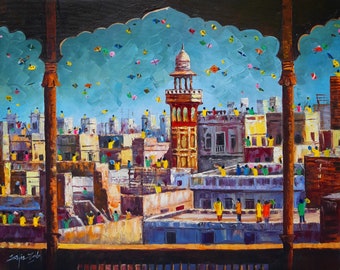 Old Lahore Original Painting| Painting on Canvas Large Oil Painting Pakistani Art Textured Wall Art for Home Decor