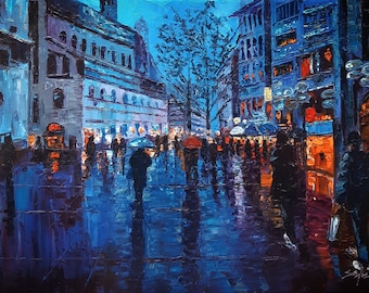 Rainy Cityscape Impasto Painting -Forest Wall Art -Original Oil Painting on Canvas -Moody Dark Academia Decor