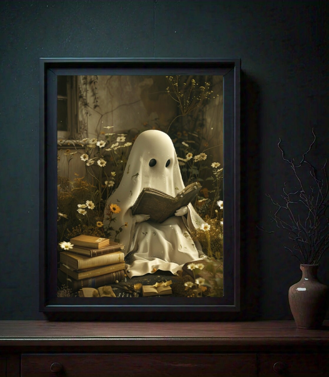 Cute Ghost Reading Book Digital Print Halloween Wall Art Ghost Print ...