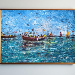 Original Sea Painting on Canvas -Large Wall Art Abstract Seascape Oil Painting -Sailboat Landscape Painting -Ocean Painting for Home Decor