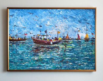 Origineel zeeschilderij op canvas - grote muur kunst abstract zeegezicht olieverfschilderij - zeilboot landschapsschilderkunst - oceaanschildering voor woondecoratie
