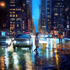 May include: A painting of a city street at night with cars driving down the street and a person walking with an umbrella. The street is wet from the rain and the lights of the city are reflected in the puddles.