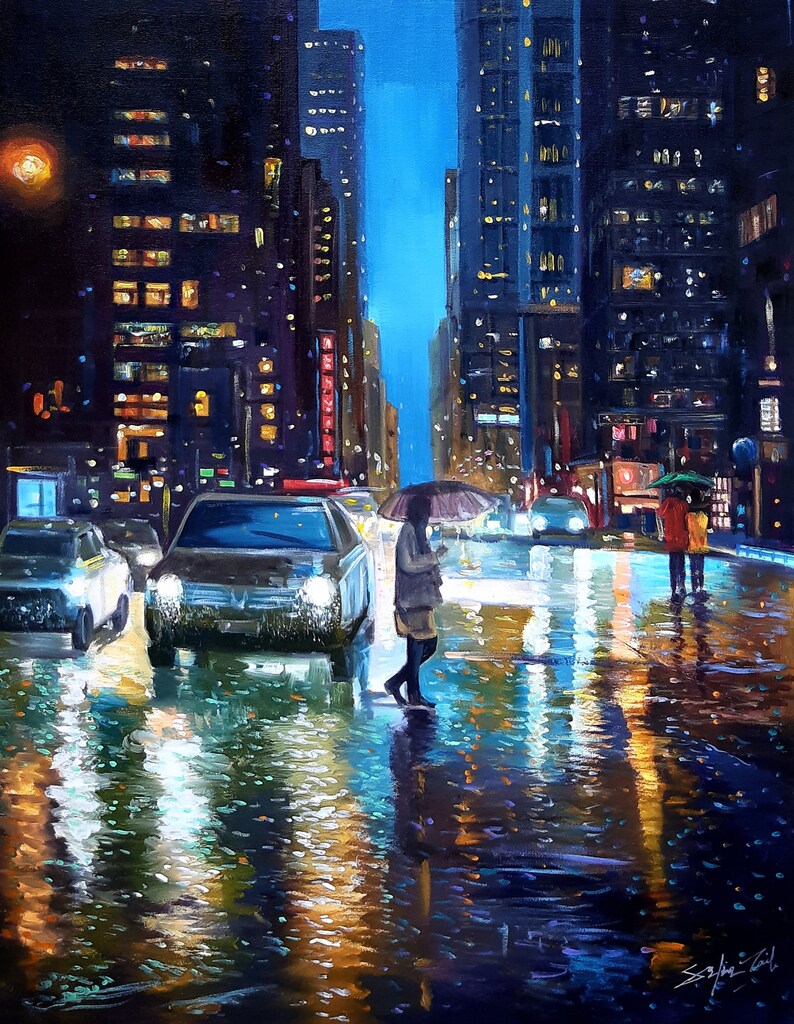 May include: A painting of a city street at night with cars driving down the street and a person walking with an umbrella. The street is wet from the rain and the lights of the city are reflected in the puddles.