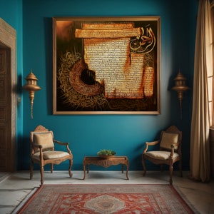 May include: A framed artwork with Arabic calligraphy on aged parchment. The artwork hangs on a teal wall above a small wooden table and two chairs. A red patterned rug covers the floor.