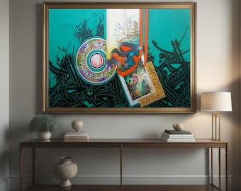 May include: A framed abstract art print with a teal background and colorful geometric shapes. The print features Arabic calligraphy in black, white, and gold. The frame is gold and the print is hanging on a white wall.