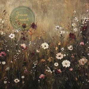 Puede incluir: Una pintura de un campo de flores silvestres en tonos de blanco, rosa y morado. Las flores se encuentran sobre un fondo marr&oacute;n y dorado, creando un ambiente c&aacute;lido y acogedor.