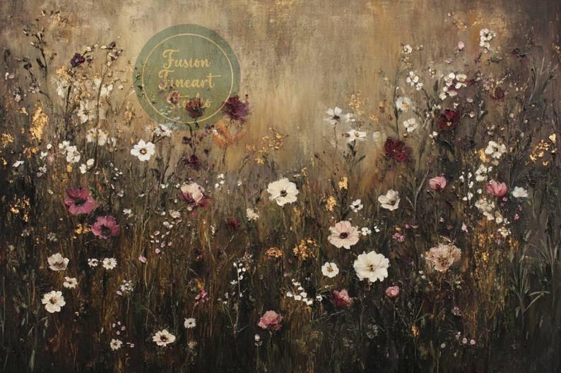 Puede incluir: Una pintura de un campo de flores silvestres en tonos de blanco, rosa y morado. Las flores se encuentran sobre un fondo marr&oacute;n y dorado, creando un ambiente c&aacute;lido y acogedor.