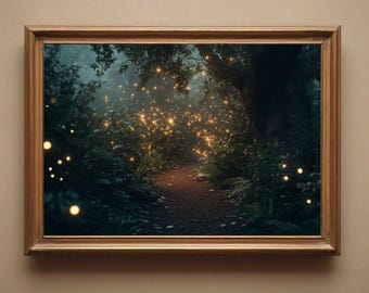 May include: A framed print of a magical forest path illuminated by glowing lights. The path winds through lush greenery and leads to a mysterious destination.