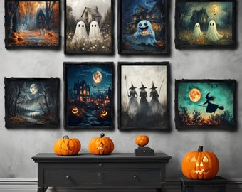 May include: A set of ten Halloween-themed framed prints featuring various spooky scenes, including ghosts, witches, and haunted houses. The prints are displayed on a wall with pumpkins in front of them.