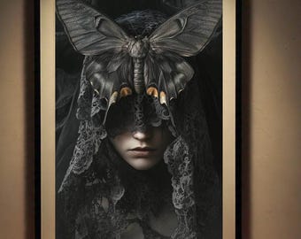 Veiled Woman Moth Art Print Gothic Art Witchy Aesthetic Dark Academia Print Moody Wall Art Gothic Decor Digital Download