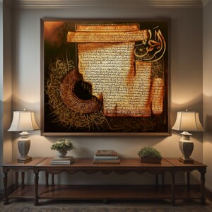 May include: A framed artwork with gold and brown Arabic calligraphy. The artwork shows detailed script on a parchment-like background, with ornate embellishments and a crescent moon design. The artwork is displayed above a wooden console table.