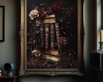 Dark academia wall art decor, vintage books artwork, printable wall art of old books, cottagecore decor, moody wall art, floral wall art