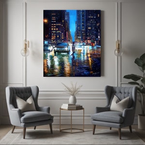 May include: A painting of a city street at night with cars and a person walking in the rain. The street is wet and reflecting the lights of the buildings. The buildings are tall and have many windows. The painting is done in a realistic style.