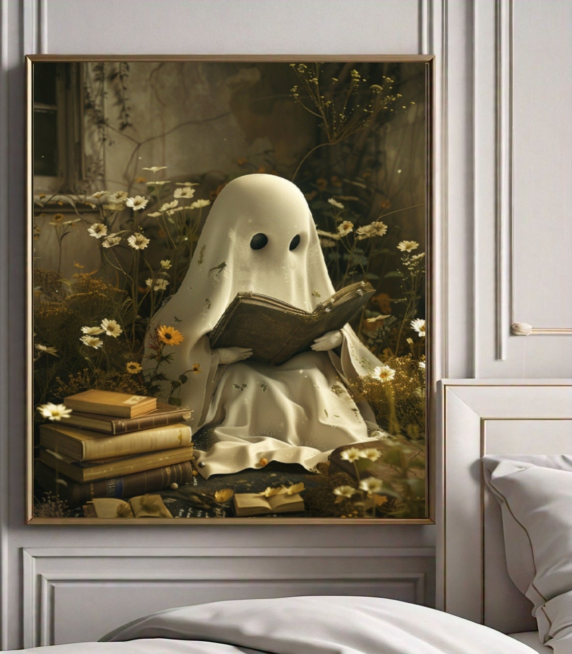 Cute Ghost Reading Book Digital Print Halloween Wall Art Ghost Print ...