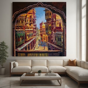 Der Balkon Stadt Wand Kunst Original Gemälde | Große Leinwand Kunst Ölgemälde Impasto Malerei pakistanische Kunst strukturierte Kunst für Wohnkultur