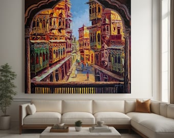 The Balcony City Wall Art Original Painting| Large Canvas Art Oil Painting Impasto Painting Pakistani Art Textured Art for Home decor