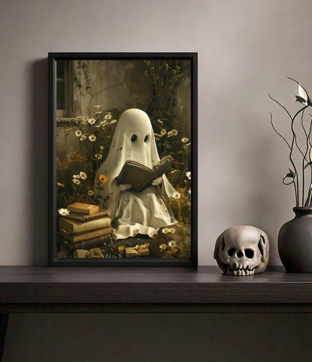 Cute Ghost Reading Book Digital Print Halloween Wall Art Ghost Print ...