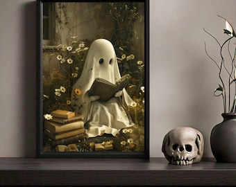 Cute Ghost Reading Book Digital Print Halloween Wall Art Ghost Print Spooky Season Gothic Decor Printable Instant Digital Download JPG