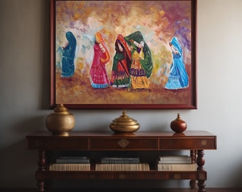 Dipinto ad olio di arte sud asiatica, decorazioni del Rajasthan - Opera d'arte originale di arte popolare, pittura su tela - Arte Desi, decorazioni per la casa indiana