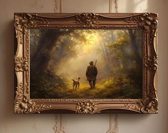 May include: A framed oil painting depicting a man and his dog walking through a sunlit forest. The man is wearing a brown jacket and hat, and the dog is a brown and white hound. The painting is set in a gold frame.