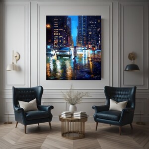 May include: A painting of a city street at night with cars and people walking in the rain. The street is wet and reflecting the lights of the buildings. The buildings are tall and have many windows. The sky is dark and cloudy.