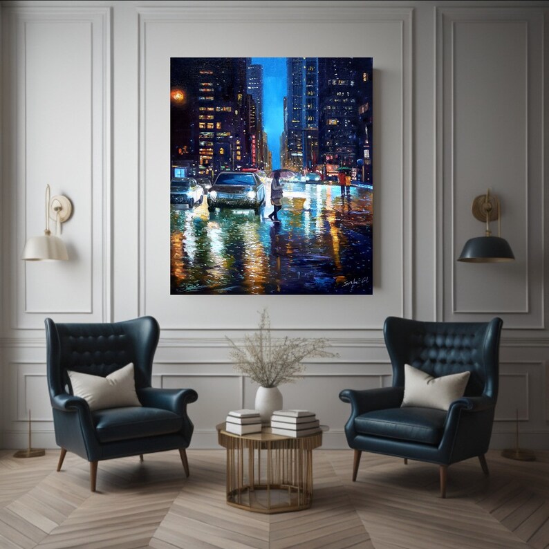 May include: A painting of a city street at night with cars and people walking in the rain. The street is wet and reflecting the lights of the buildings. The buildings are tall and have many windows. The sky is dark and cloudy.