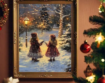 May include: A framed painting of two girls in red dresses singing carols in a snowy winter scene. The girls are holding a book and standing in front of a street lamp.