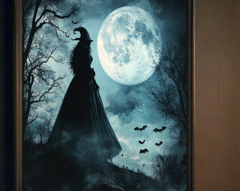 Witch Print, Spooky Season Halloween Art Print, Witch Wall Art Painting, Dark Academia Prints, Gothic Decor Downloadable Prints