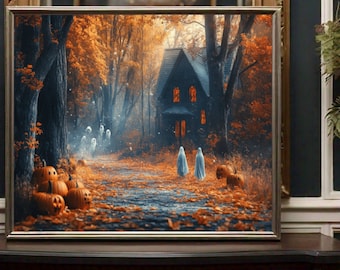 Cute Ghosts Halloween Art Print Gothic Decor Adorable Ghost Print Spooky Vintage Poster Halloween Print Instant Digital Download JPG