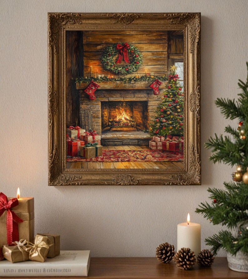Christmas Art Print, Fireplace Mantel Christmas Print, Christmas Wall