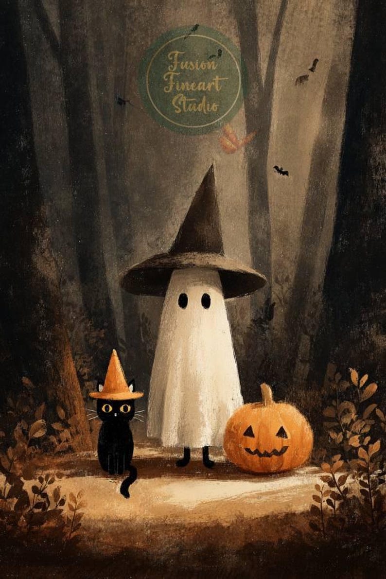 Cute Ghost and Black Cat in Dark Forest Print -printable Vintage ...