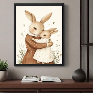 Rabbit Nursery Print | Vintage Style Nursery PRINTABLE Wall Art | Mom & Baby Print | Antique Nursery Decor | Girls Nursery Print