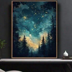May include: A watercolor painting of a forest at night with a starry sky. The trees are silhouetted against the dark blue sky, and the stars are a bright yellow. The painting has a dreamy and magical feel.
