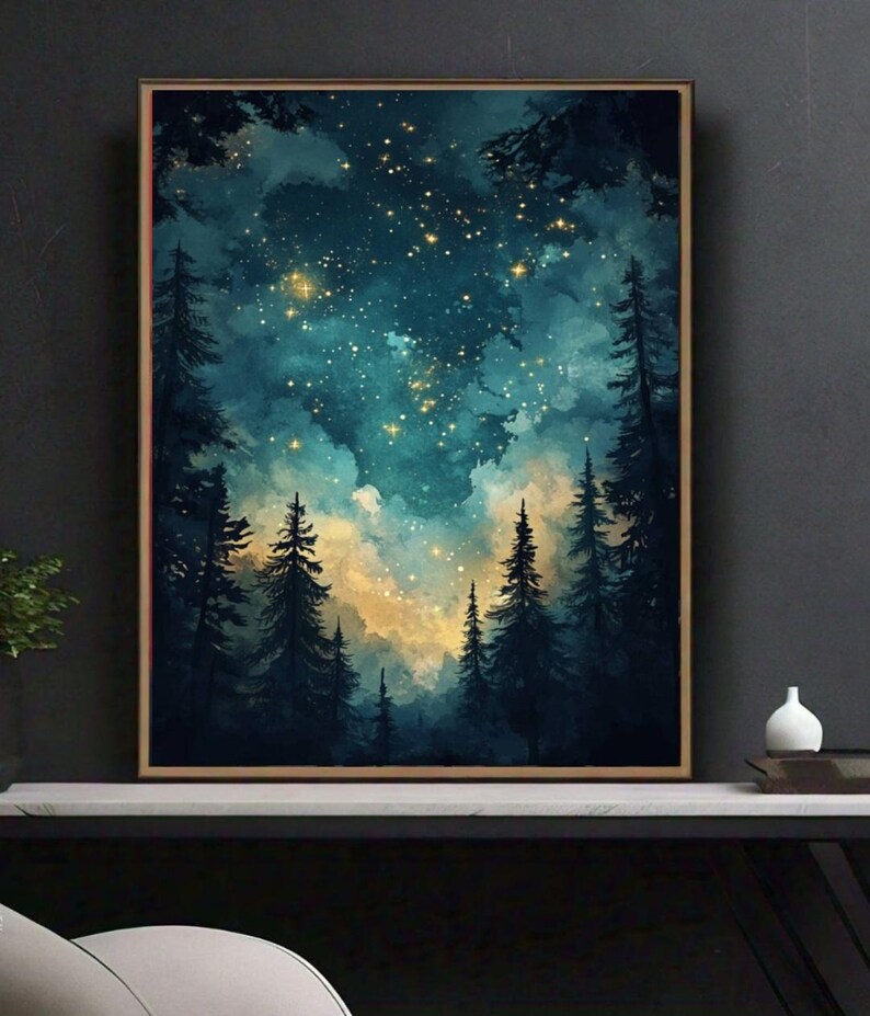 May include: A watercolor painting of a forest at night with a starry sky. The trees are silhouetted against the dark blue sky, and the stars are a bright yellow. The painting has a dreamy and magical feel.