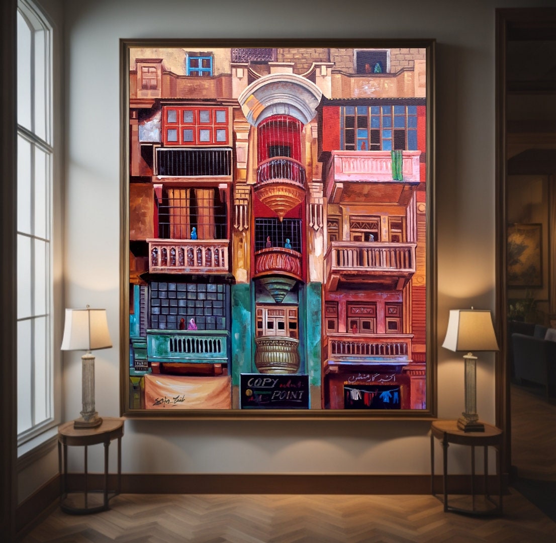 Vintage Balconies Indian Art Original Painting| Large Canvas Art Oil Painting Pakistani Art Contemporary Art for Home Decor